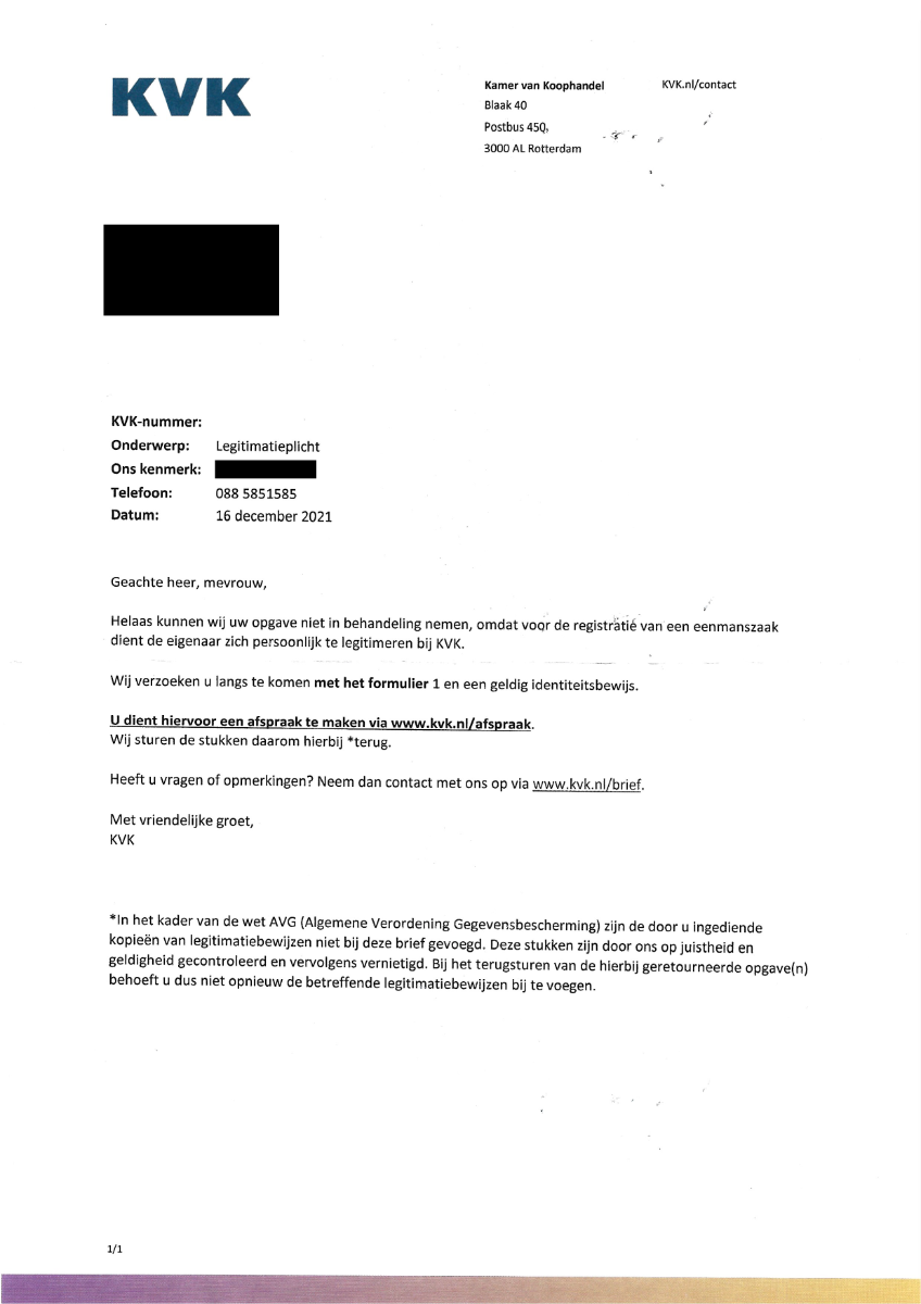 Inschrijving KvK geweigerd eenmanszaak